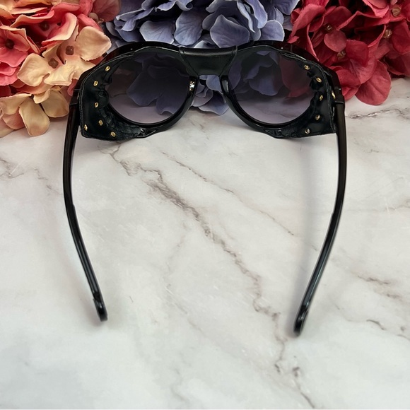 Steampunk Round Gray Gradient Black Leather Shield Polarized Sunglasses - Picture 11 of 16